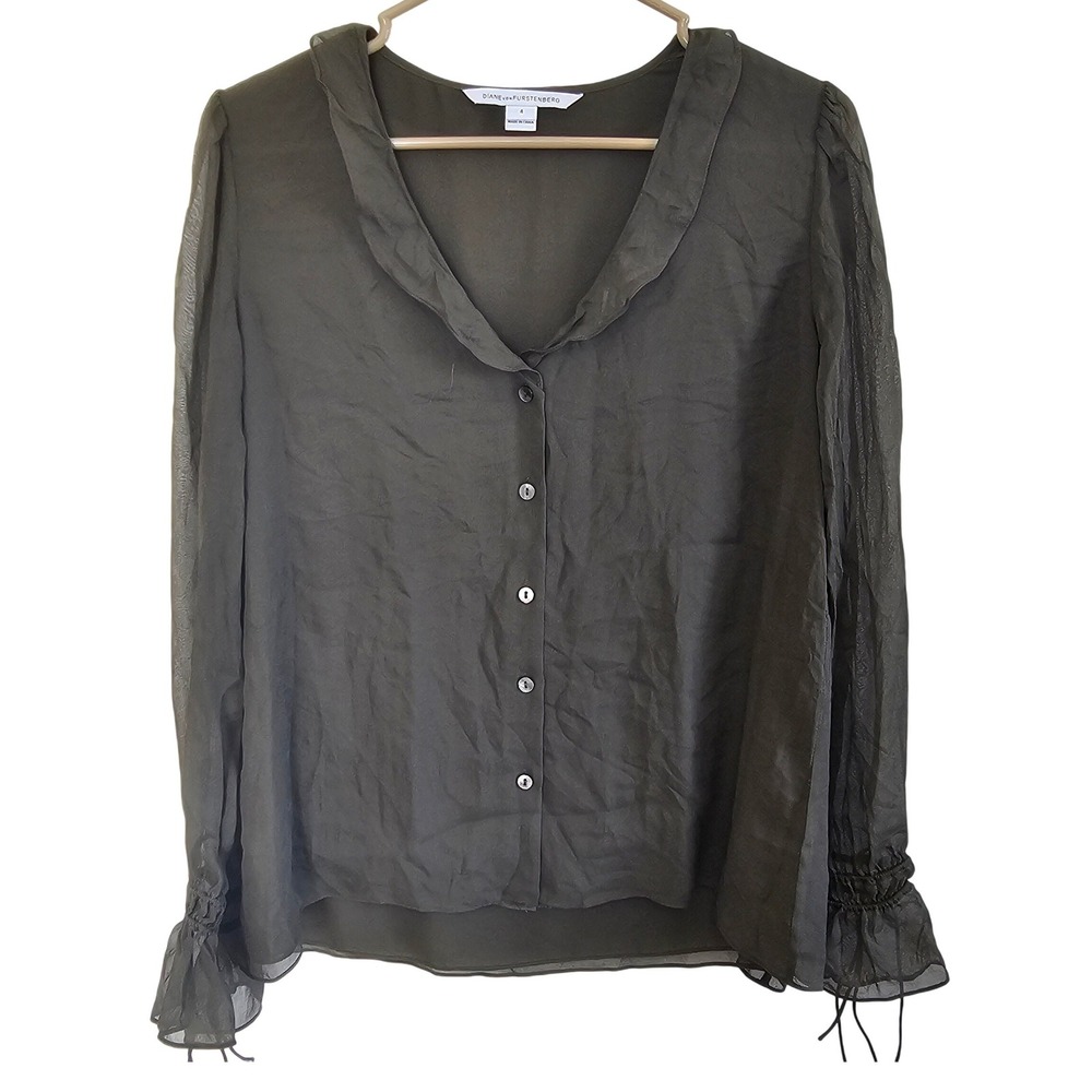 Diane von Furstenberg Olive Green‎ Sheer Ruffle Cuff Button Down Blouse Size 4